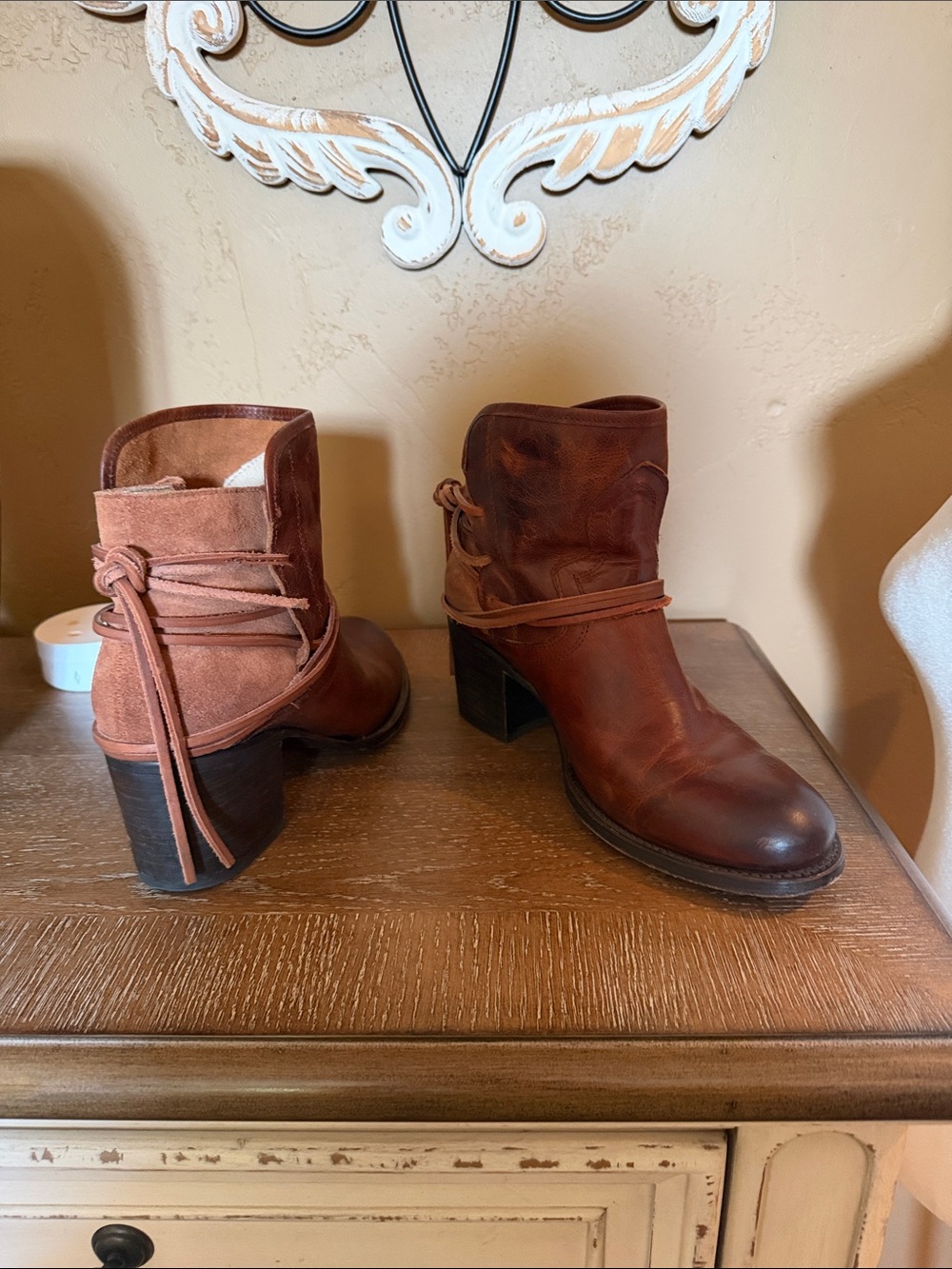 freebird Rustic Brown Leather & Suede Wrap-Detail Ankle Boots
